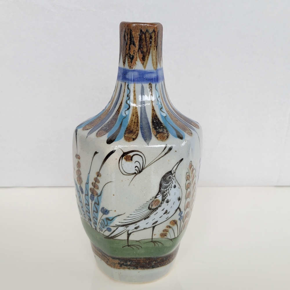 Made in Mexico Bird Nature  Pottery Vase Brown Green Blue